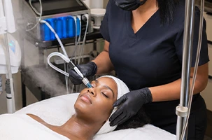 Esthetician guides a hydradermabrasion wand across a client's cheek during a HydraFacial in Downtown Dallas