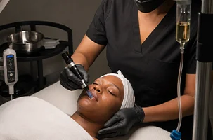SkinPen Greenville microneedling treatment applied along a client's cheek by a trained provider