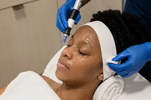 Two gloved hands hold the skin taut for a SkinPen Preston pass across a freshly prepped forehead